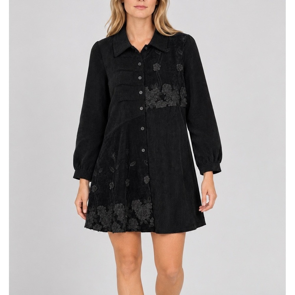 Trisha Tyler Corduroy Floral Applique Tunic Shirt Jacket Women Large Black Dress